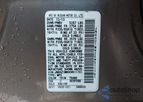 2014 Nissan Murano Sl from USA, damaged, VIN JN8AZ1MW0EW511781